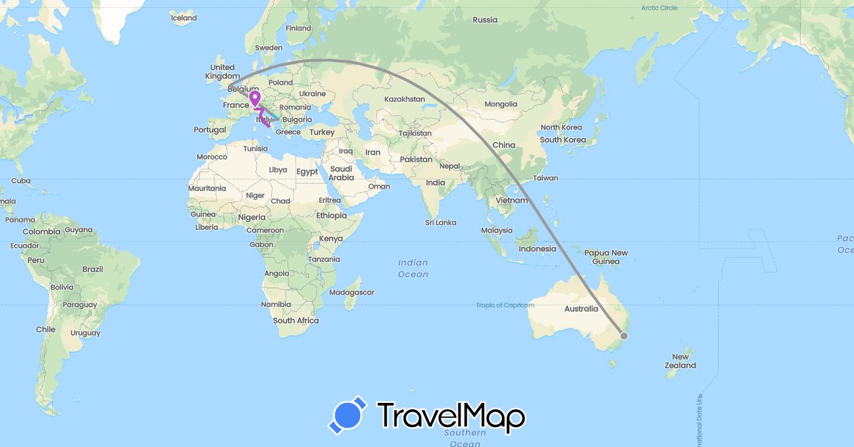 TravelMap itinerary: driving, plane, train, boat in Australia, United Kingdom, Croatia, Italy (Europe, Oceania)